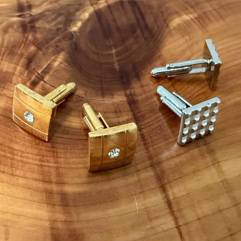 Lot of 2 Set Gold/Silver Tone Metal Square Cufflinks
